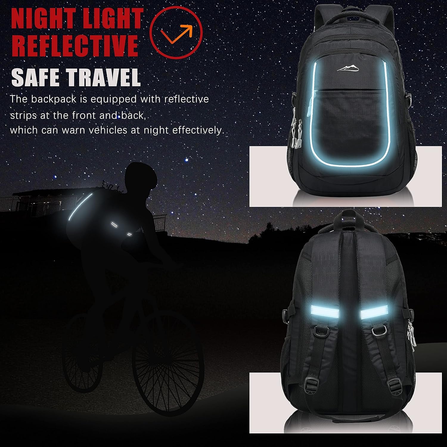 Backpack Bookbag for College Sturdy Travel Business Hiking Fit Laptop up to 15.6 Inch Multi Compartment Gifts for Men Women Night Light Reflective (Black)