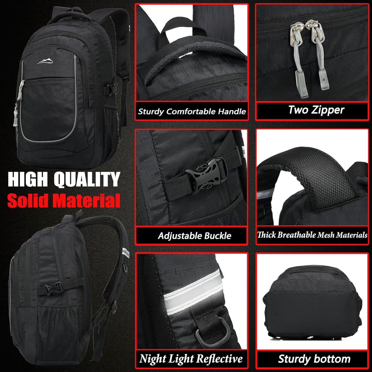 Backpack Bookbag for College Sturdy Travel Business Hiking Fit Laptop up to 15.6 Inch Multi Compartment Gifts for Men Women Night Light Reflective (Black)