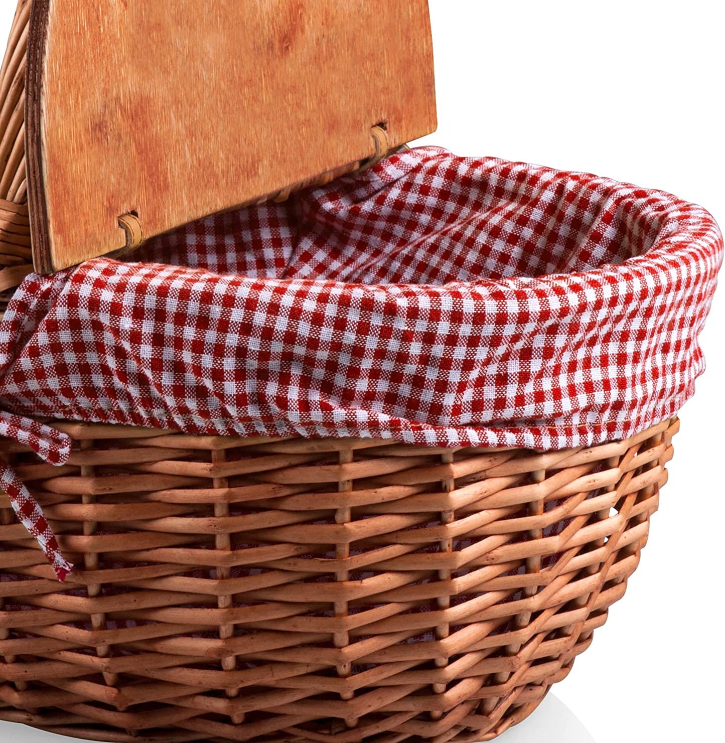 - Country Vintage Picnic Basket with Lid - Wicker Picnic Basket for 2, (Red & White Gingham Pattern)