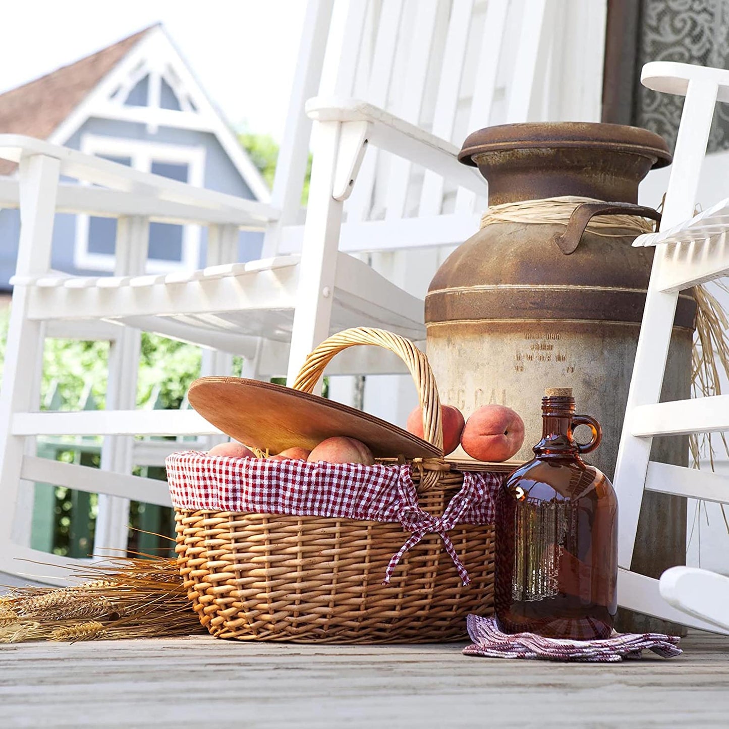 - Country Vintage Picnic Basket with Lid - Wicker Picnic Basket for 2, (Red & White Gingham Pattern)