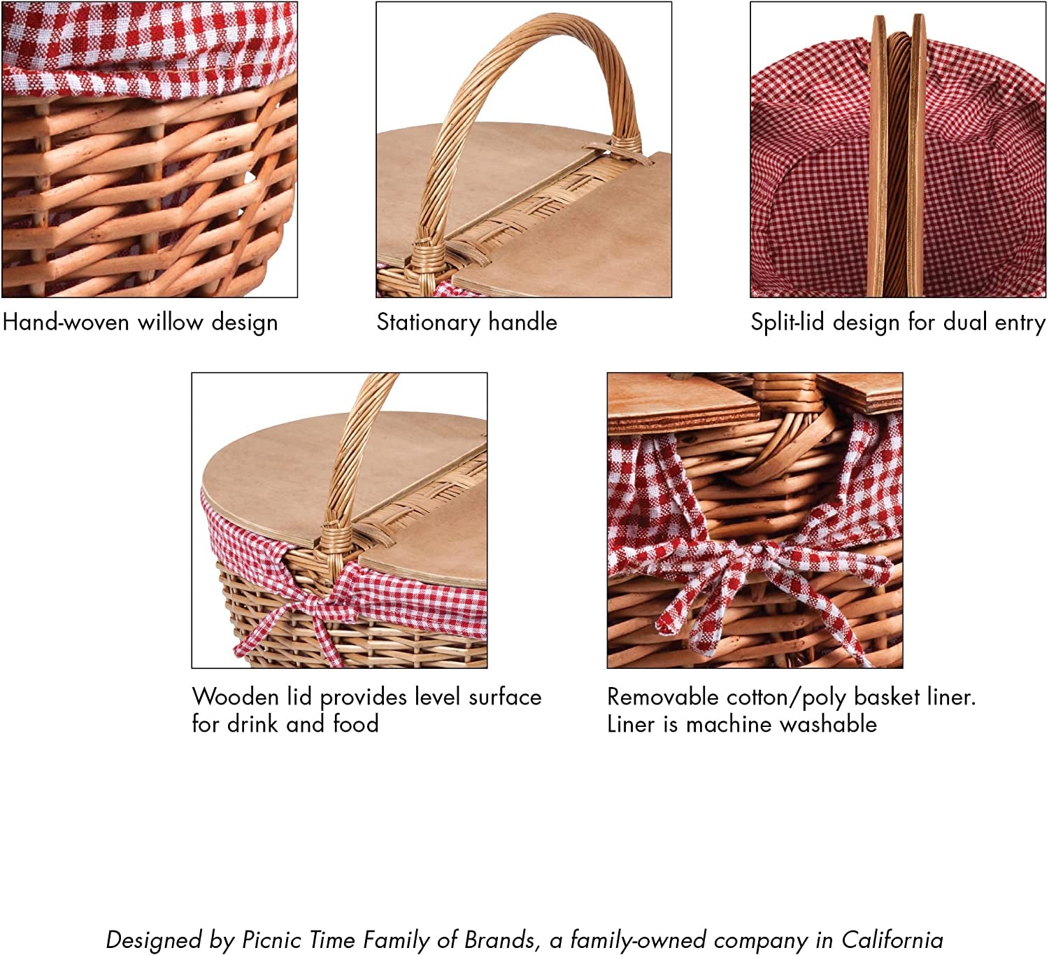 - Country Vintage Picnic Basket with Lid - Wicker Picnic Basket for 2, (Red & White Gingham Pattern)