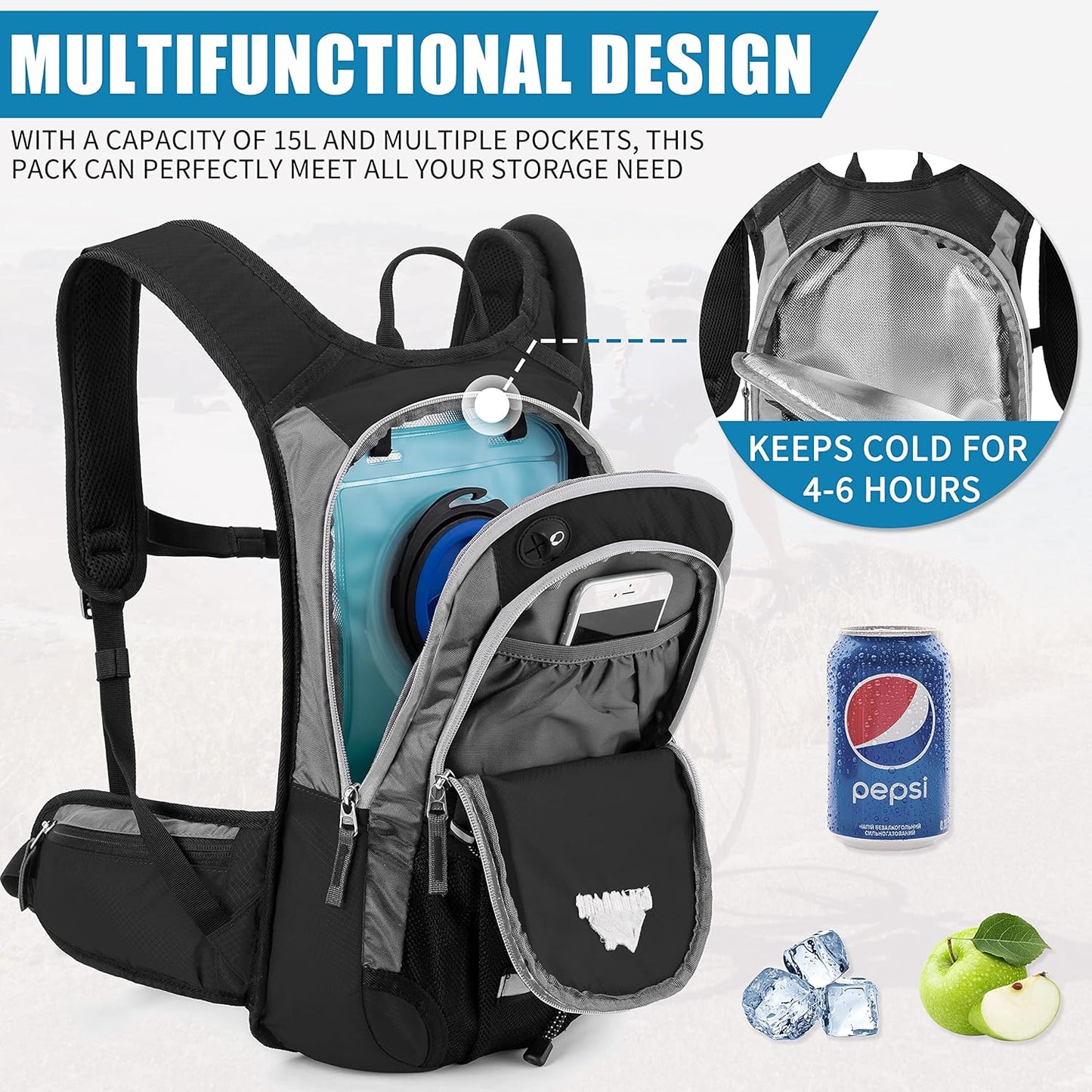 Hydration Backpack - 15L Insulated Hiking Pack with 2L Bladder for Adventure Seekers