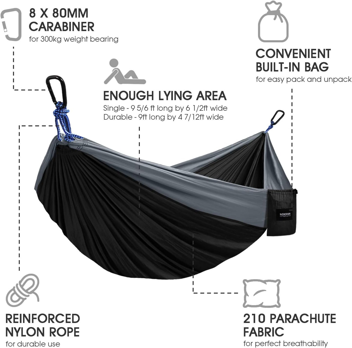 Camping Hammock - Double & Single Lightweight Nylon Parachute Hammocks