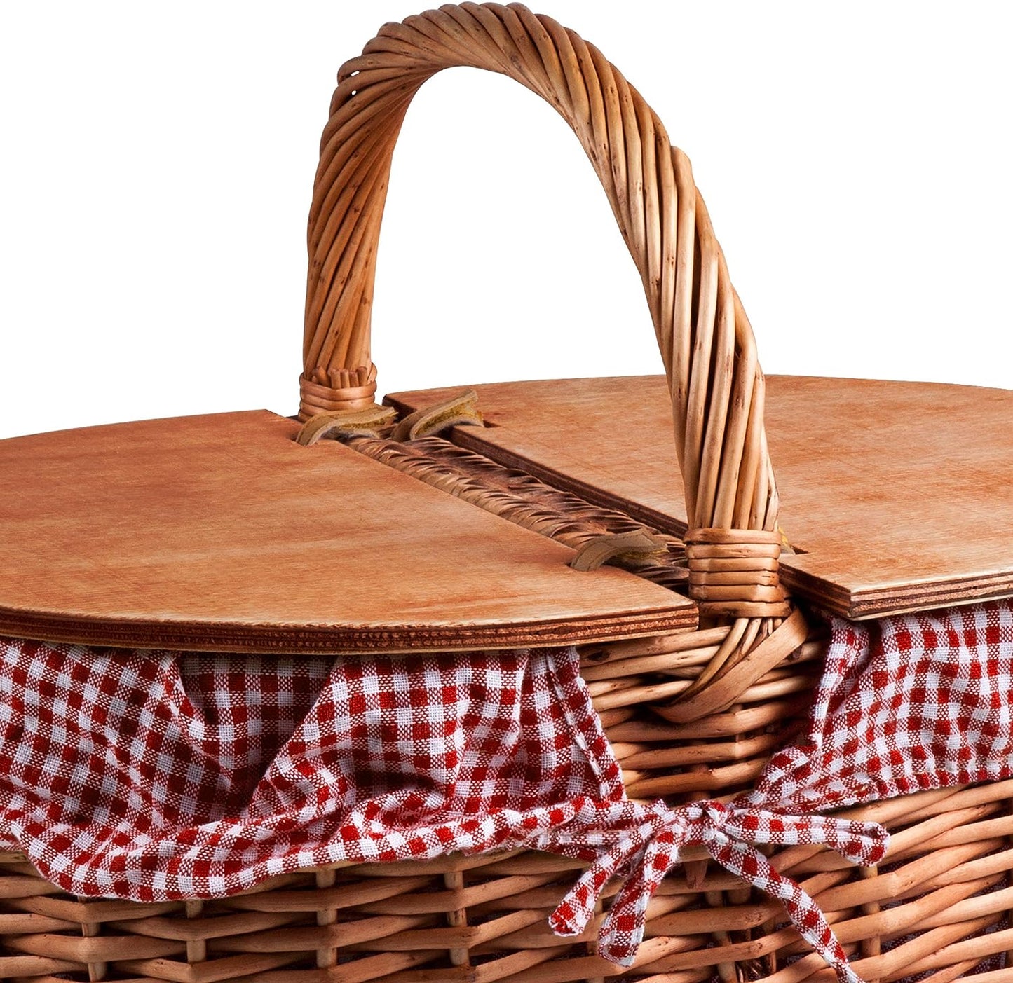 - Country Vintage Picnic Basket with Lid - Wicker Picnic Basket for 2, (Red & White Gingham Pattern)