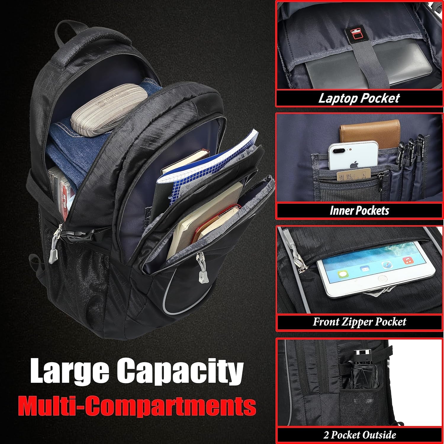 Backpack Bookbag for College Sturdy Travel Business Hiking Fit Laptop up to 15.6 Inch Multi Compartment Gifts for Men Women Night Light Reflective (Black)