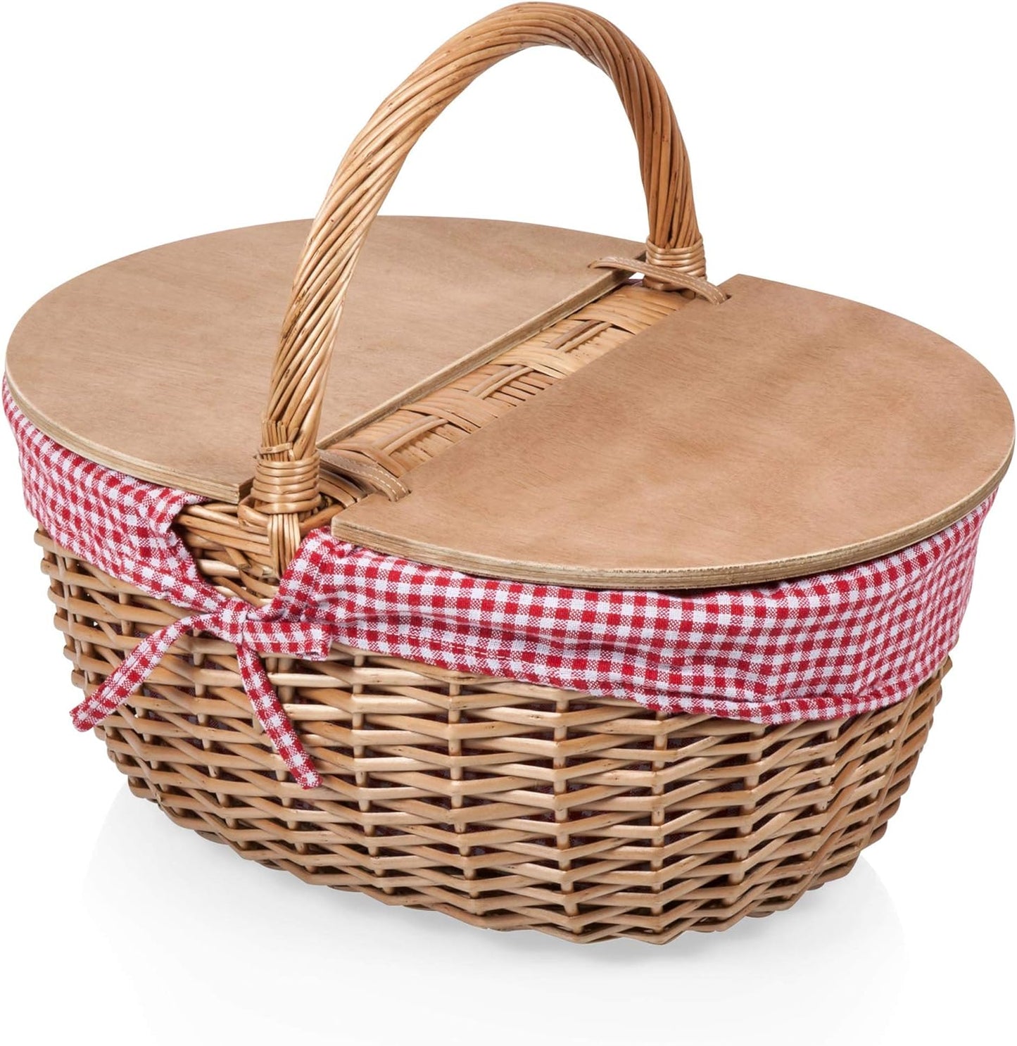 - Country Vintage Picnic Basket with Lid - Wicker Picnic Basket for 2, (Red & White Gingham Pattern)