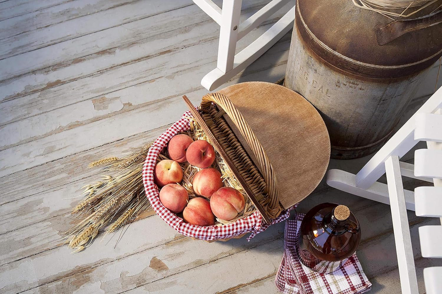 - Country Vintage Picnic Basket with Lid - Wicker Picnic Basket for 2, (Red & White Gingham Pattern)